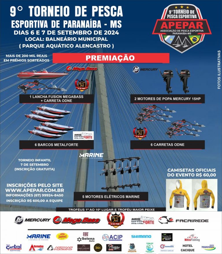 Inscrições Abertas do 9° Torneio de Pesca Esportiva de Paranaíba - MS - Apepar 2024